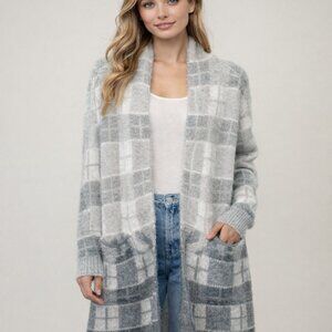 Davi & Dani Grey Ivory Plaid Fuzzy Long Open Front Cardigan Duster NWT